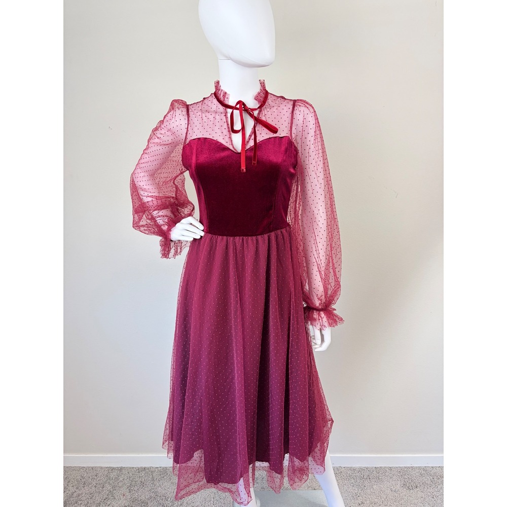 Burgundy Velvet Fairy Grunge Mesh Midi Dress Long Sleeve Ruffle Neck Medium Sz 6
